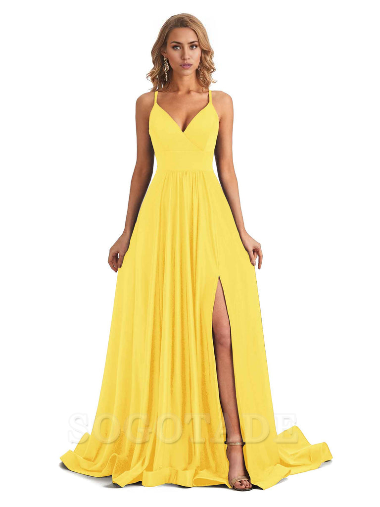 Elegant Spaghetti Straps A-Line Long Formal Bridesmaid Dresses With Side Slit Stretchy Jersey Elegant Evening Party Dress