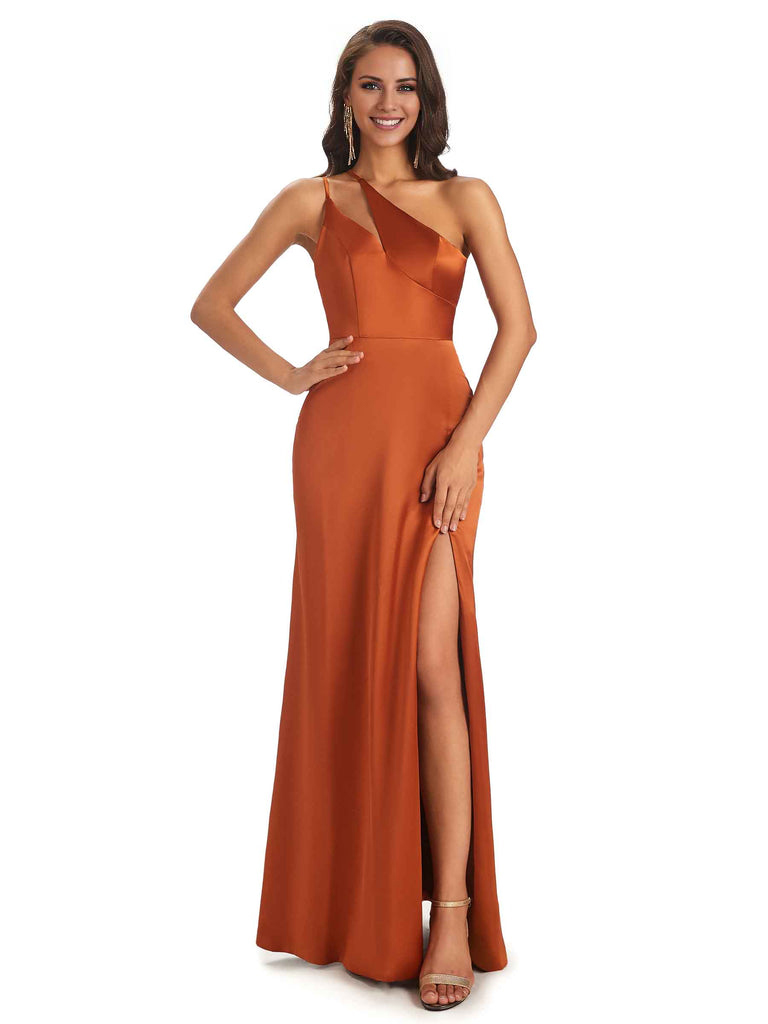 Sexy Soft Satin Side Slit One Shoulder Floor-Length Mermaid Long Bridesmaid Dresses Elegant Evening Party Dress