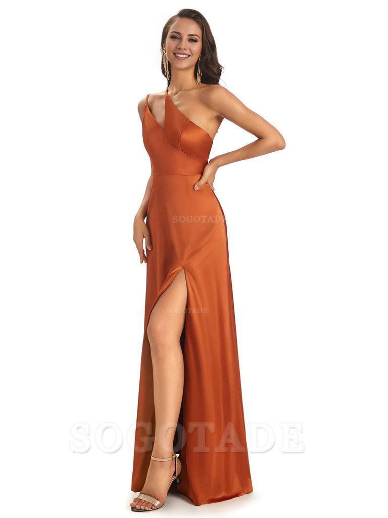 Sexy Soft Satin Side Slit One Shoulder Floor-Length Mermaid Long Bridesmaid Dresses Elegant Evening Party Dress