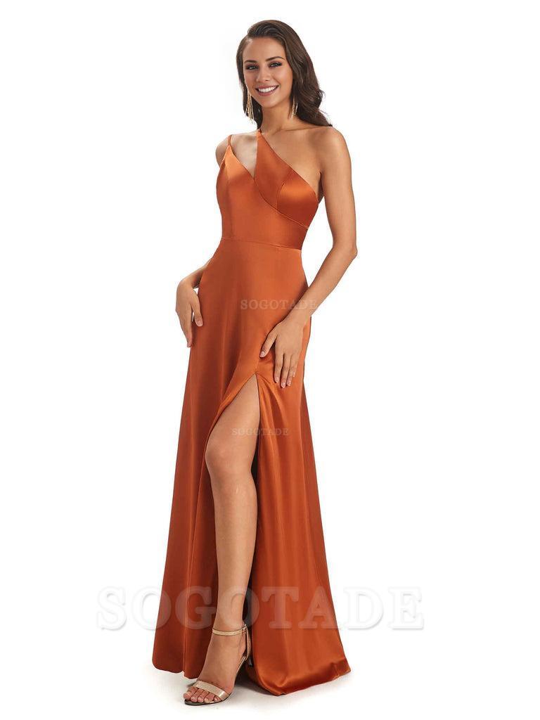 Sexy Soft Satin Side Slit One Shoulder Floor-Length Mermaid Long Bridesmaid Dresses Elegant Evening Party Dress