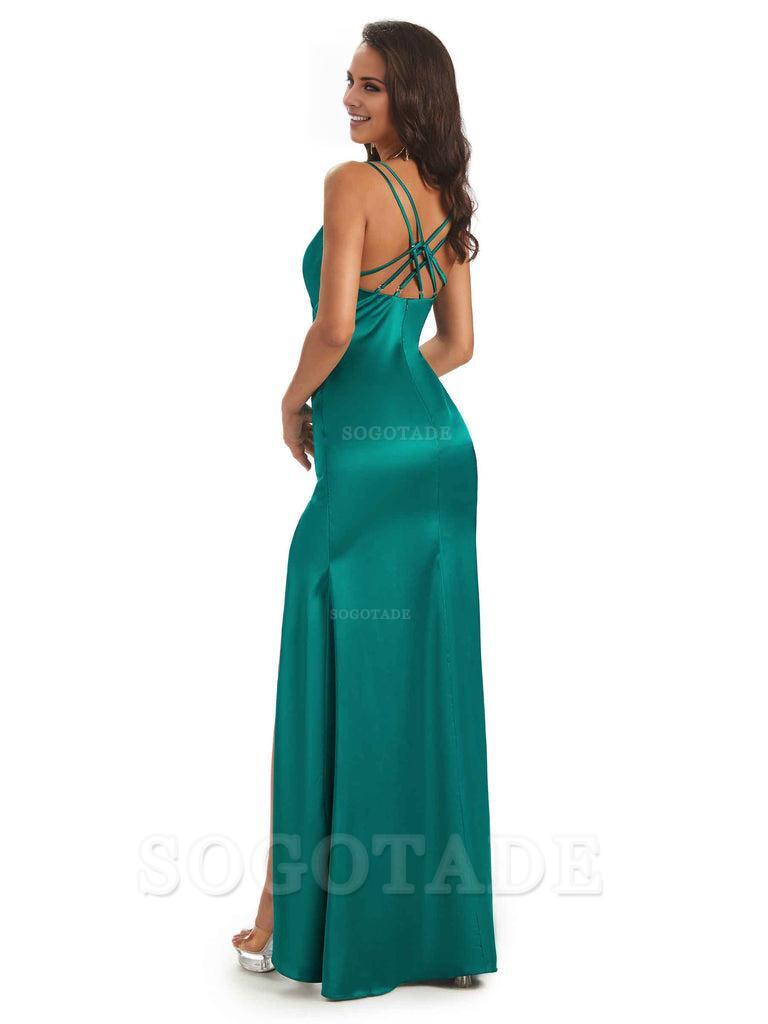 Sexy Soft Satin Side Slit Spaghetti Straps Long Maxi Mermaid Bridesmaid Dresses Elegant Evening Party Dress