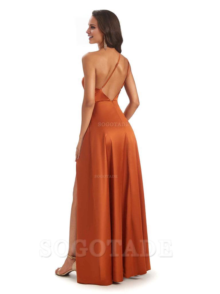 Sexy Soft Satin Side Slit One Shoulder Floor-Length Mermaid Long Bridesmaid Dresses Elegant Evening Party Dress
