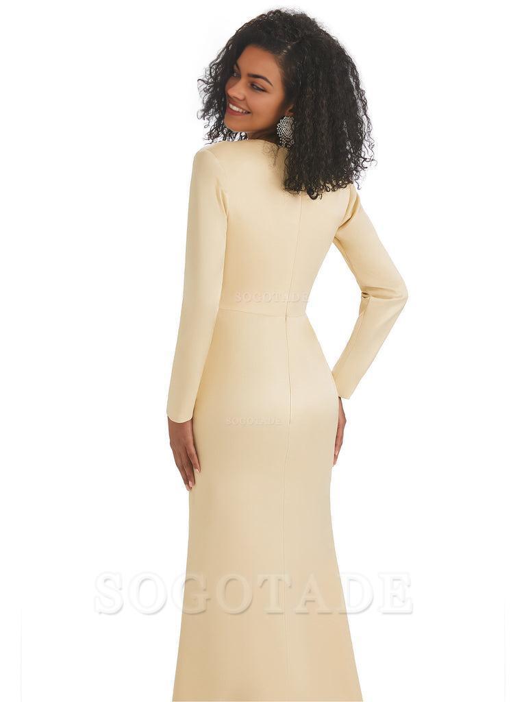 Soft Satin Side Slit Long Sleeves V-Neck Long African Mermaid Bridesmaid Dresses Elegant Evening Party Dress