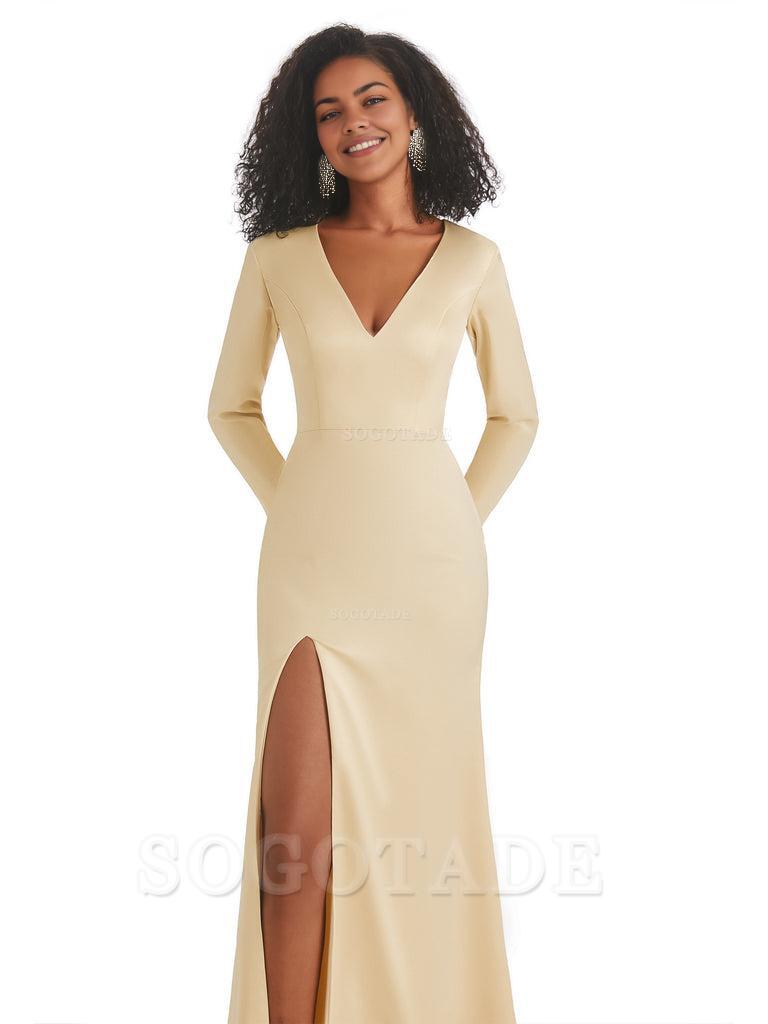 Soft Satin Side Slit Long Sleeves V-Neck Long African Mermaid Bridesmaid Dresses Elegant Evening Party Dress