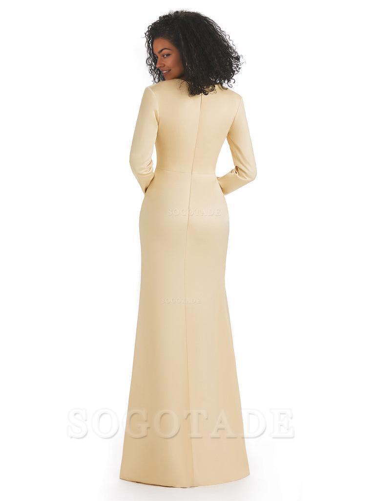 Soft Satin Side Slit Long Sleeves V-Neck Long African Mermaid Bridesmaid Dresses Elegant Evening Party Dress