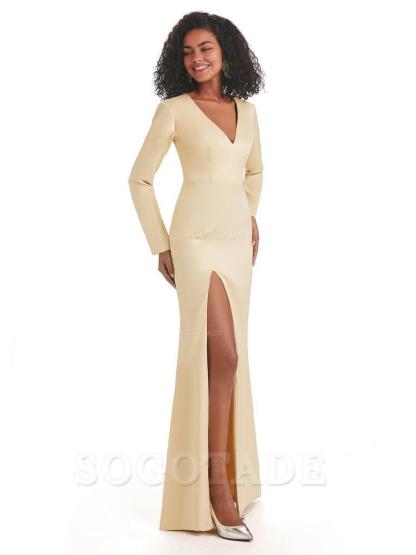 Soft Satin Side Slit Long Sleeves V-Neck Long African Mermaid Bridesmaid Dresses Elegant Evening Party Dress