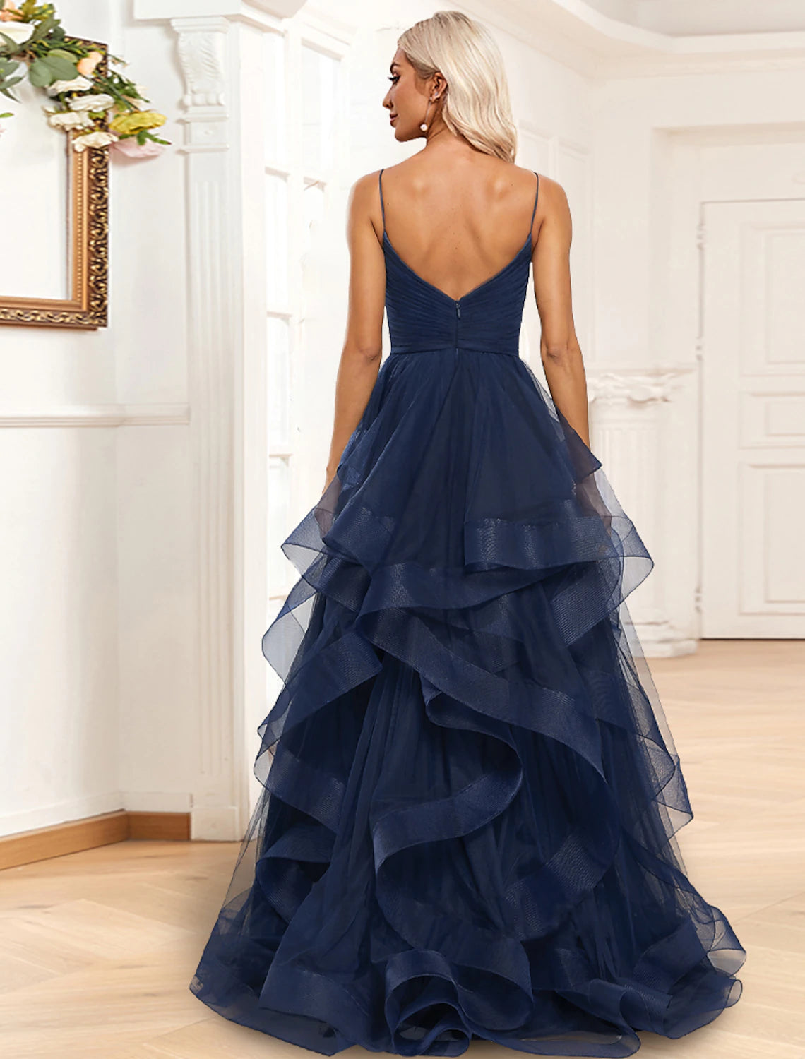 A-Line Evening Gown Tiered Dress Formal Sweep / Brush Train Sleeveless Spaghetti Strap Organza with Ruched Ruffles Slit-SOGOTADE