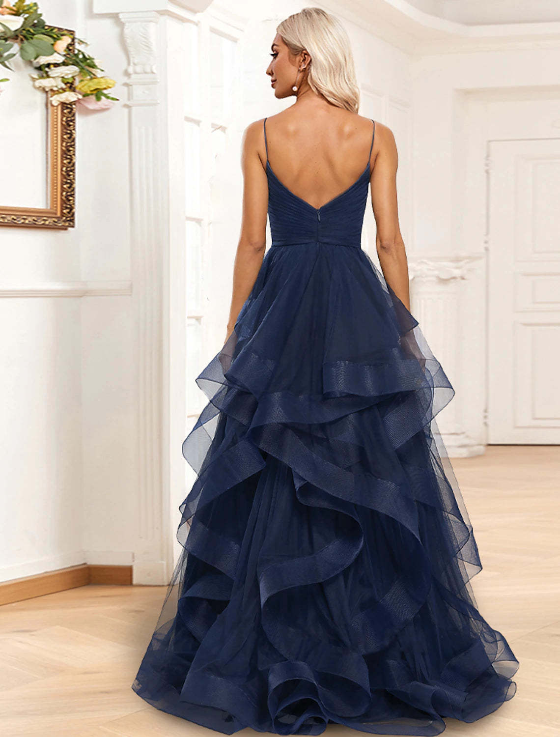 A-Line Evening Gown Tiered Dress Formal Sweep / Brush Train Sleeveless Spaghetti Strap Organza with Ruched Ruffles Slit-SOGOTADE