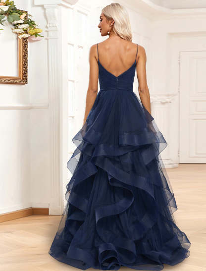 A-Line Evening Gown Tiered Dress Formal Sweep / Brush Train Sleeveless Spaghetti Strap Organza with Ruched Ruffles Slit-SOGOTADE