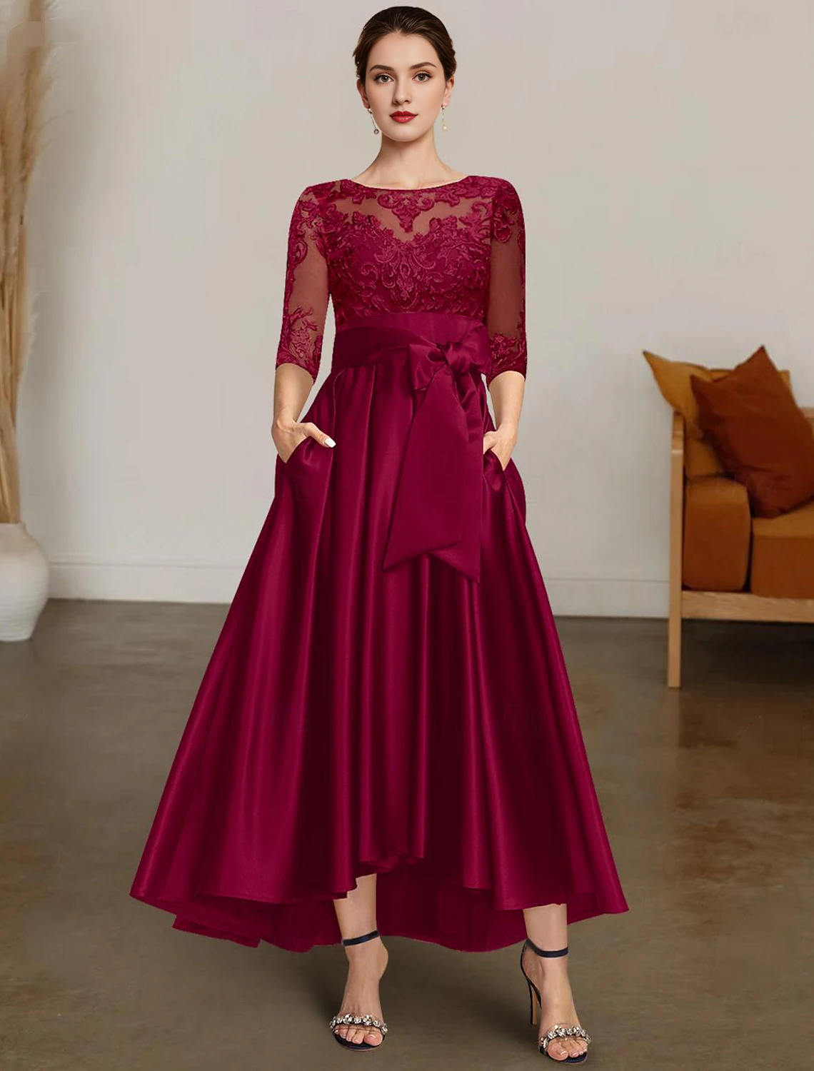 A-line Christmas dress bride's mother's dress formal wedding guests elegant high-low boat collar asymmetrical satin lace 3/4 long sleeves with lace belt/ribbon 2024-SOGOTADE