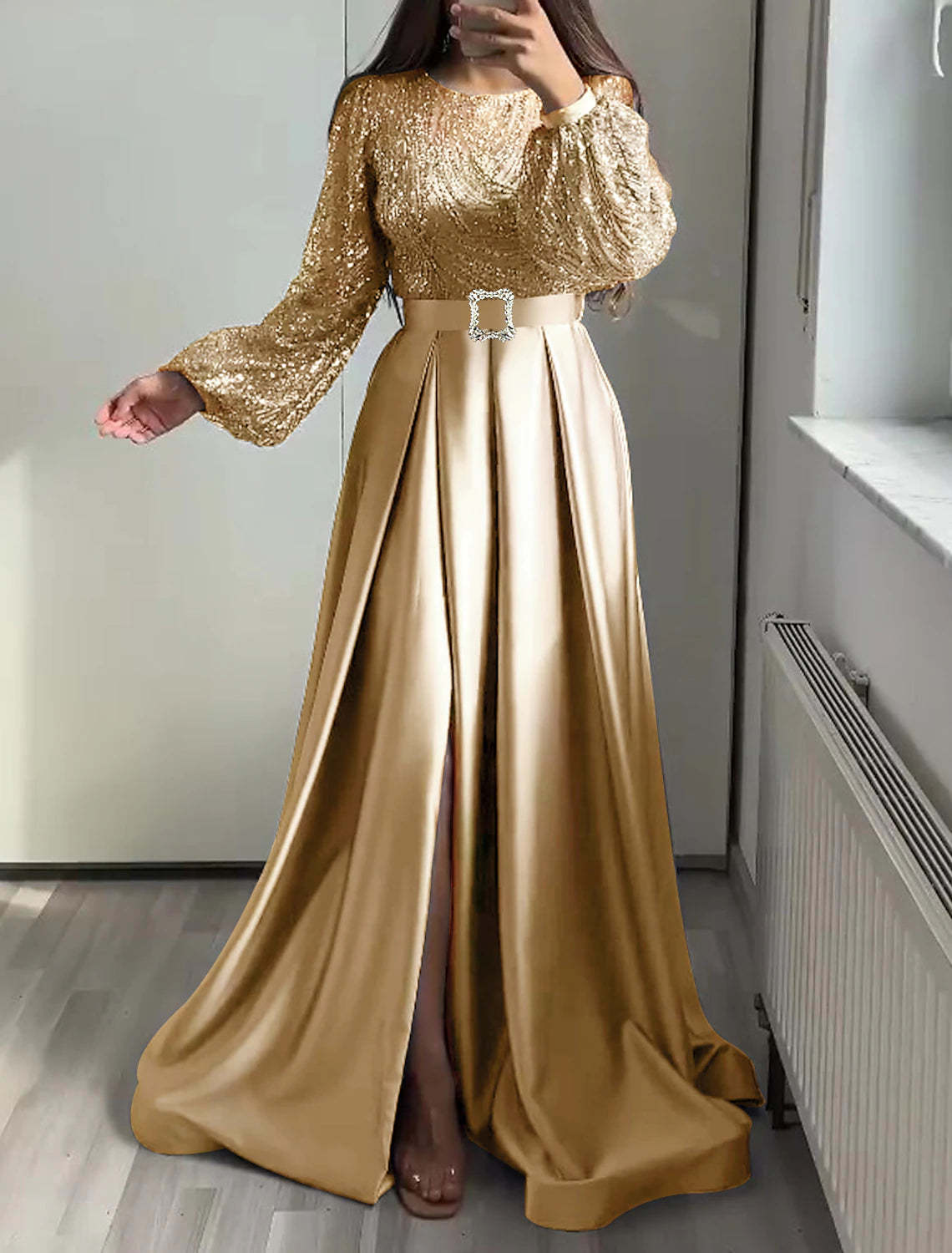 A-Line Evening Gown Elegant Dress Wedding Black Tie Floor Length Long Sleeve Jewel Neck Fall Wedding Guest Satin with Sequin-SOGOTADE