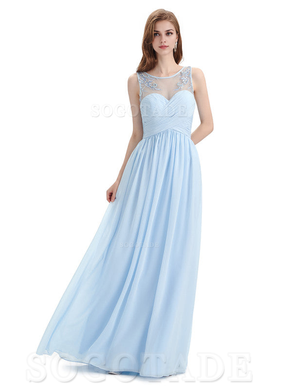 Elegant A-Line Chiffon Sleeveless Ruched Long Simple Bridesmaid Dresses Formal Women's Dresses Wedding Guests Dresses