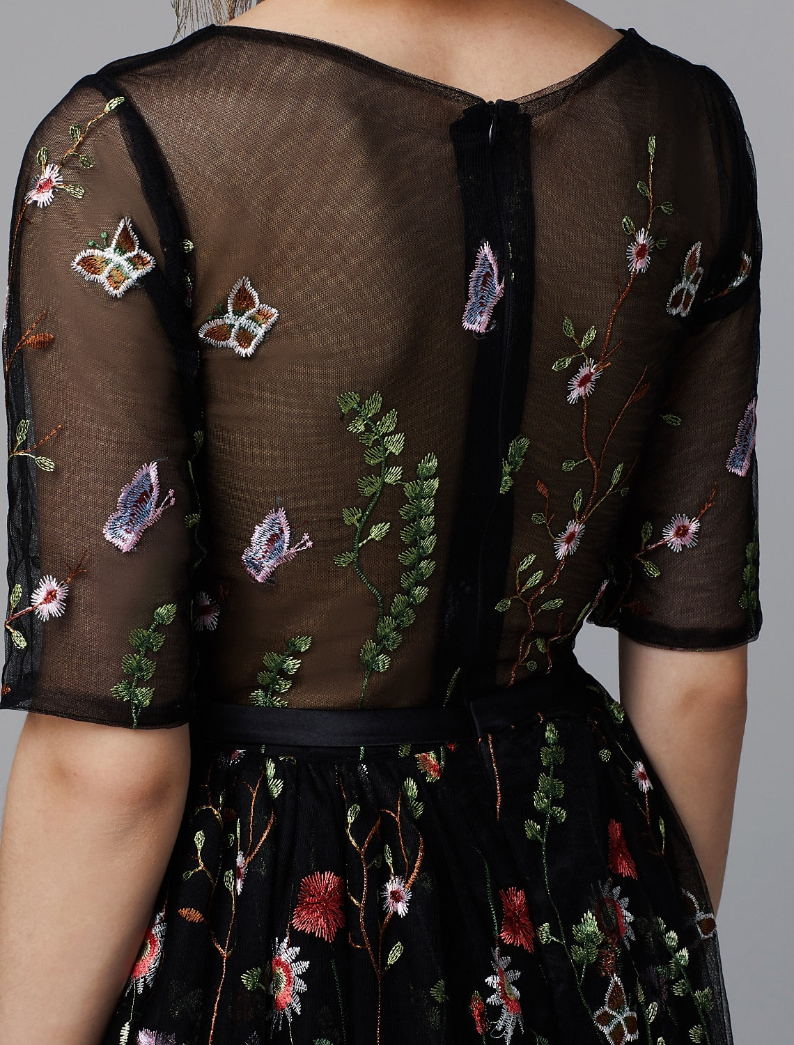 A-Line Floral Dress Wedding Guest Holiday Tea Length Half Sleeve Illusion Neck Lace with Embroidery Appliques-SOGOTADE