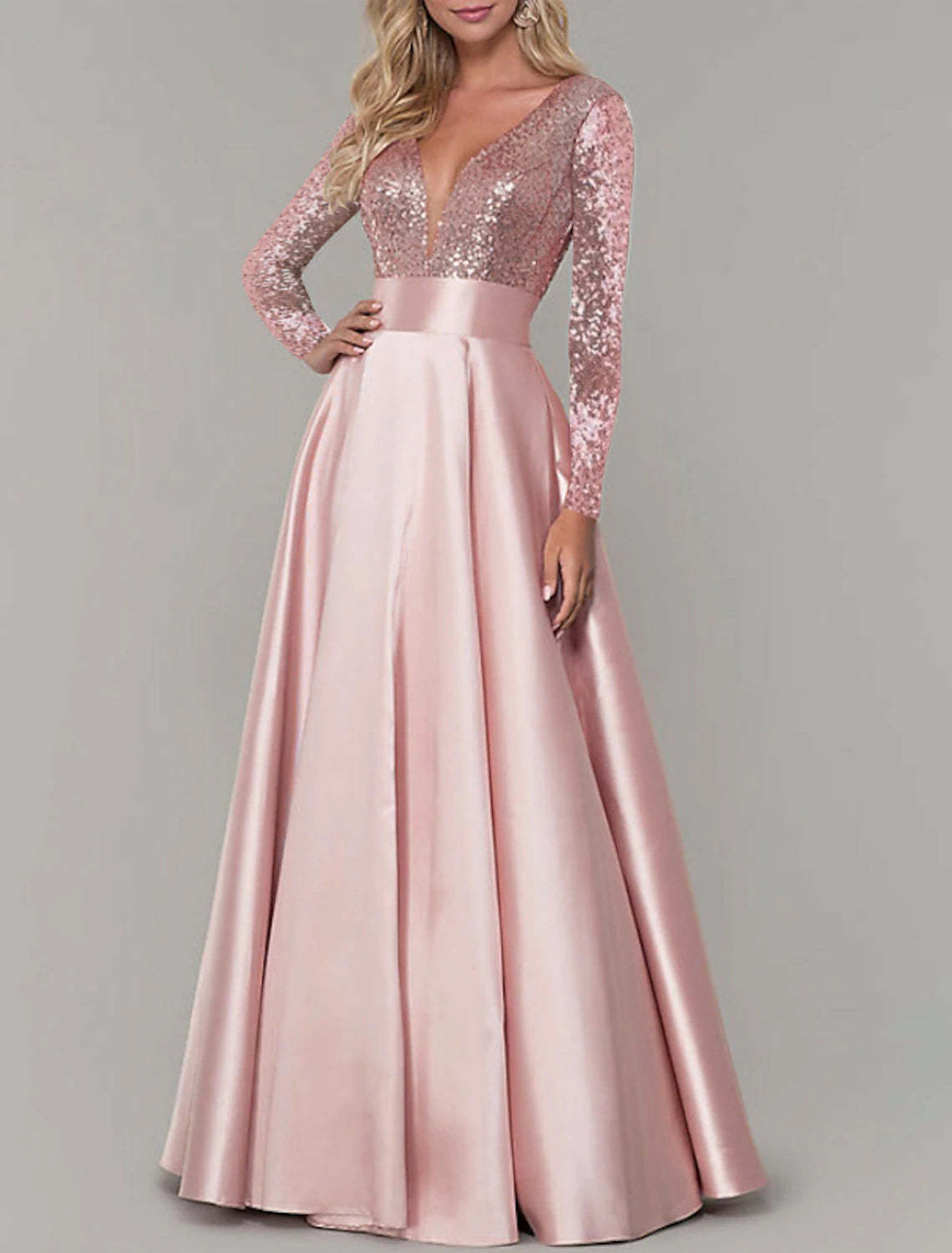 A-Line Evening Gown Sparkle & Shine Dress Prom Birthday Floor Length Long Sleeve V Neck Fall Wedding Guest Satin with Pleats Sequin 2024-SOGOTADE