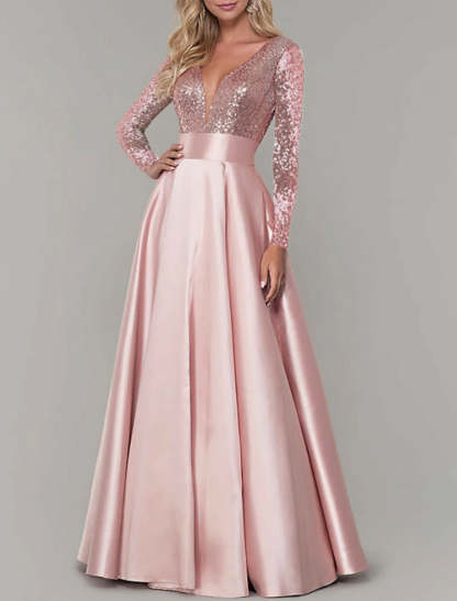 A-Line Evening Gown Sparkle & Shine Dress Prom Birthday Floor Length Long Sleeve V Neck Fall Wedding Guest Satin with Pleats Sequin 2024-SOGOTADE