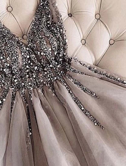 A-Line Homecoming Dresses Sparkle & Shine Dress Party Wear Birthday Short / Mini Sleeveless V Neck Tulle with Glitter-SOGOTADE