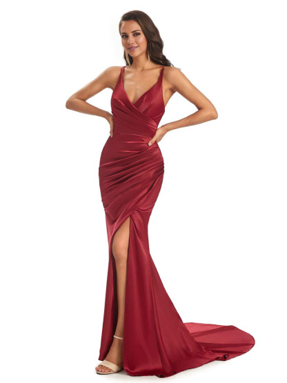 Soft Satin Side Slit Spaghetti Straps V-Neck Long Sexy Mermaid Bridesmaid Dresses