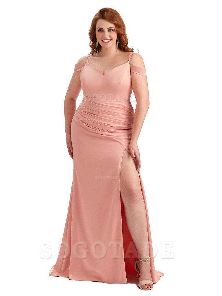 Sexy Side Slit Mermaid Cold Shoulder Soft Satin Long Plus Size Bridesmaid Dresses Online