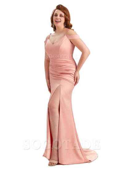 Sexy Side Slit Mermaid Cold Shoulder Soft Satin Long Plus Size Bridesmaid Dresses Online
