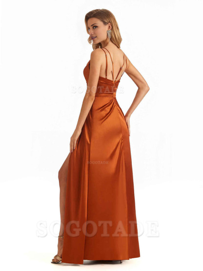 Soft Satin A-Line Spaghetti Straps V Neck Side Slit Maxi Long Bridesmaid Dresses