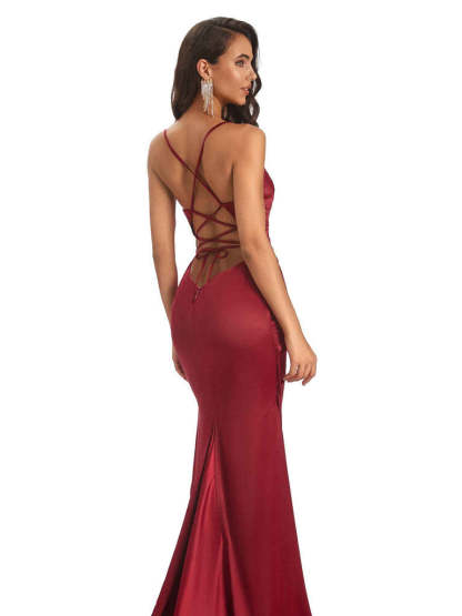 Soft Satin Side Slit Spaghetti Straps V-Neck Long Sexy Mermaid Bridesmaid Dresses
