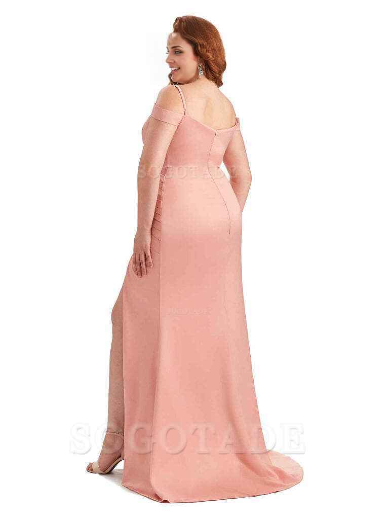 Sexy Side Slit Mermaid Cold Shoulder Soft Satin Long Plus Size Bridesmaid Dresses Online