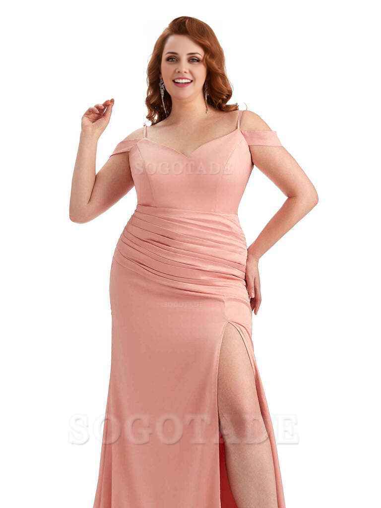 Sexy Side Slit Mermaid Cold Shoulder Soft Satin Long Plus Size Bridesmaid Dresses Online