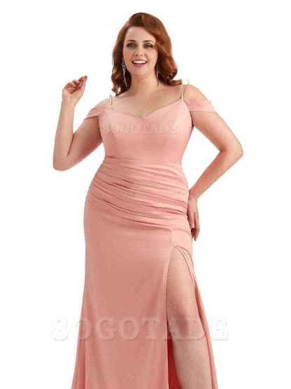Sexy Side Slit Mermaid Cold Shoulder Soft Satin Long Plus Size Bridesmaid Dresses Online