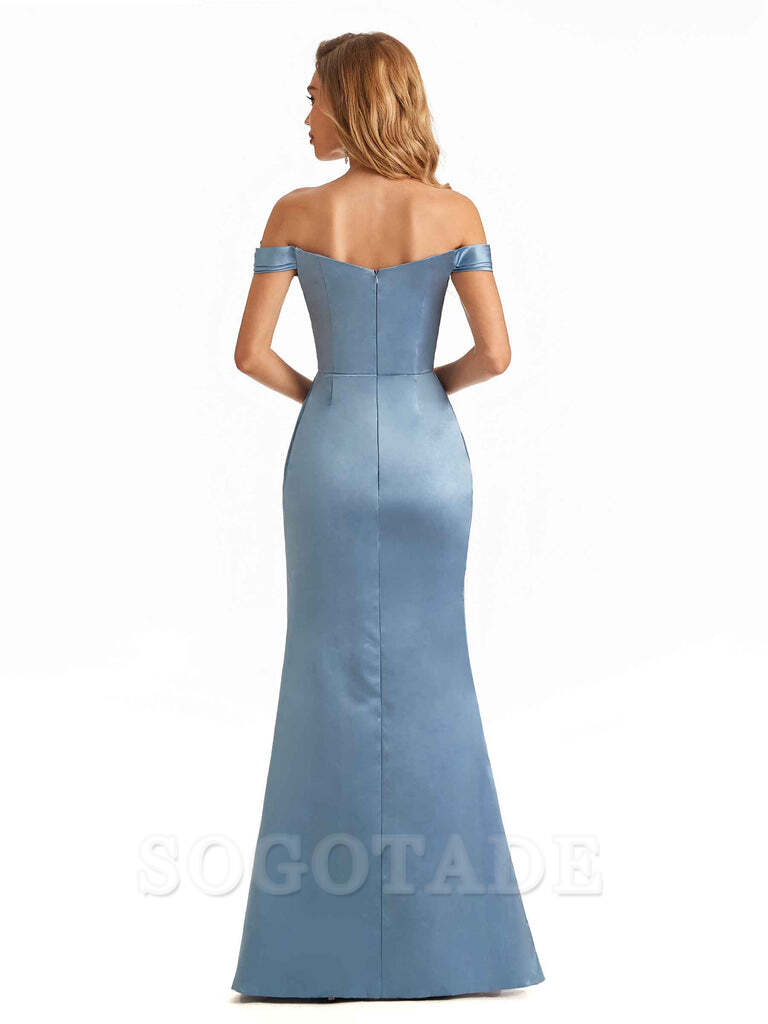 Sexy Off The Shoulder Soft Satin Mermaid Long Bridesmaid Dresses with Side Slit