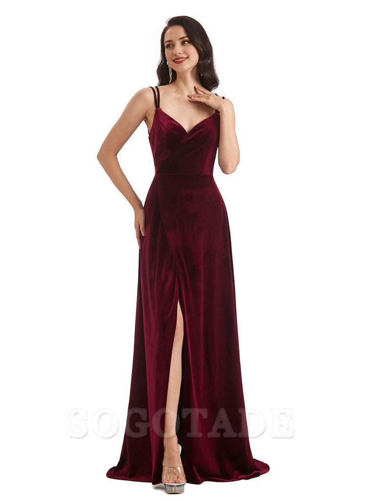 Sexy Velvet Long Bridesmaid Dresses Spaghetti Straps Open Back with Side Slit