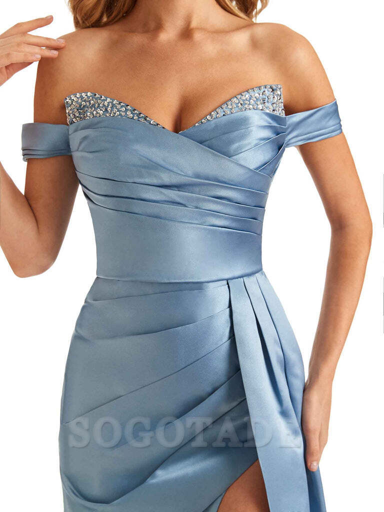 Sexy Off The Shoulder Soft Satin Mermaid Long Bridesmaid Dresses with Side Slit