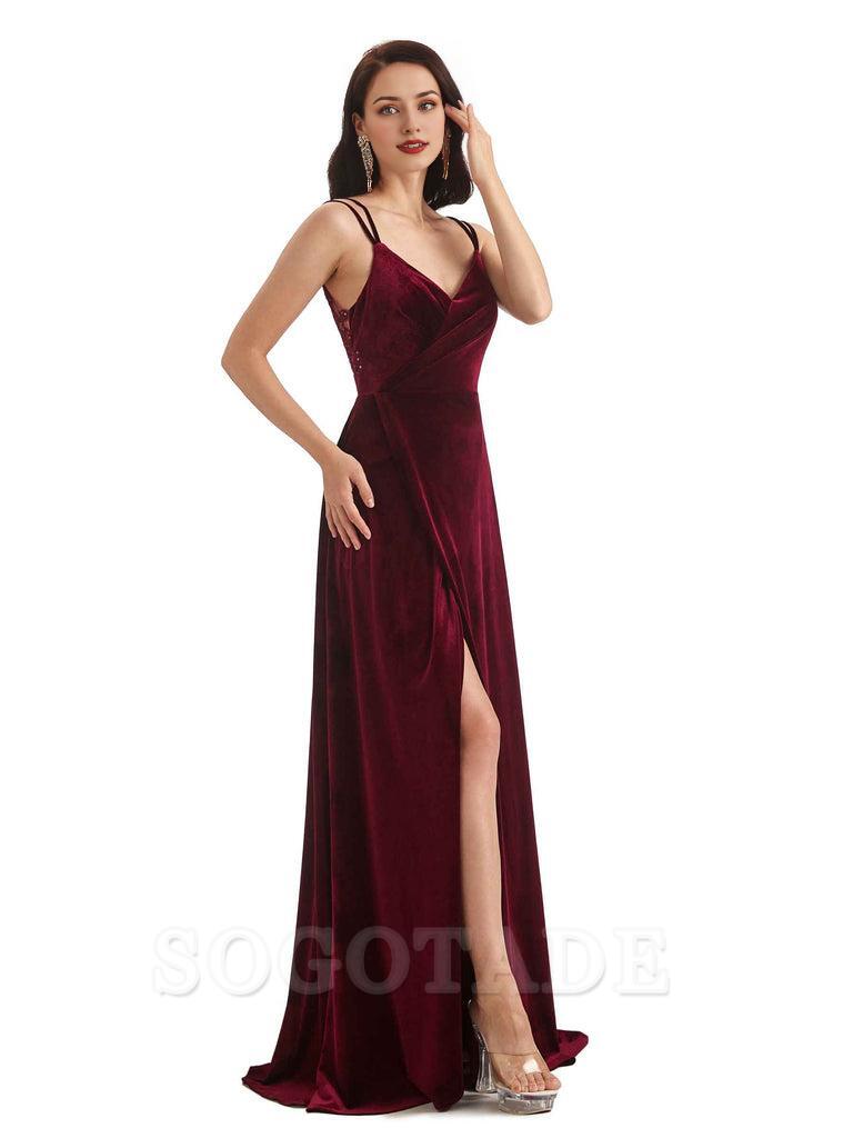 Sexy Velvet Long Bridesmaid Dresses Spaghetti Straps Open Back with Side Slit