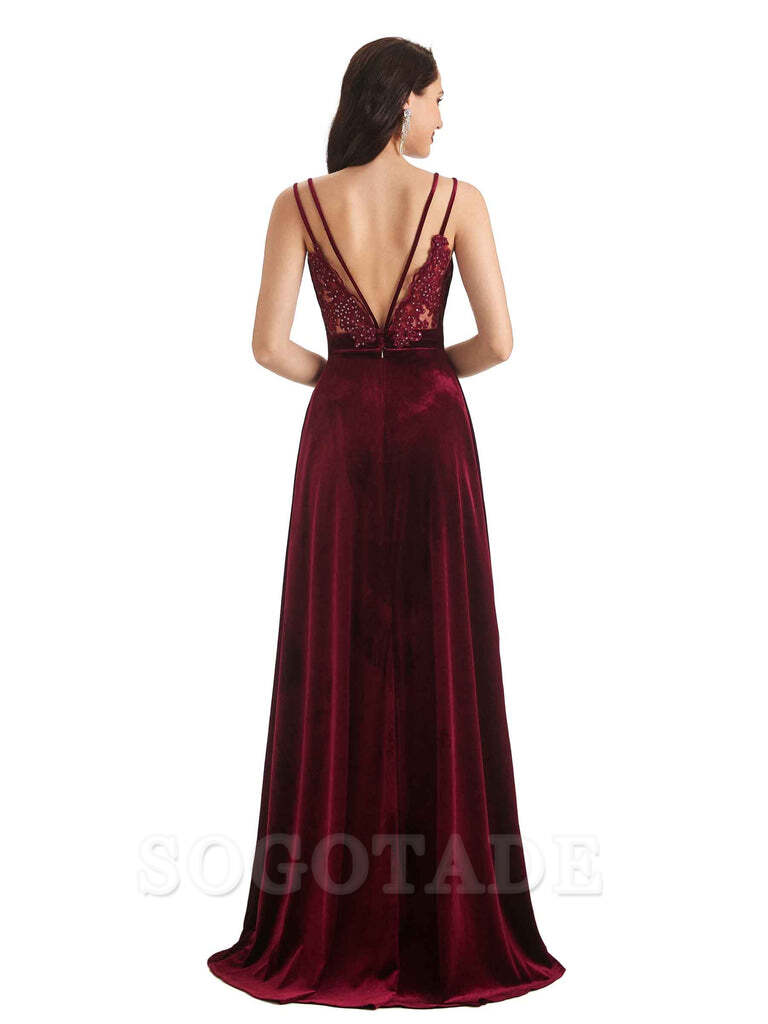 Sexy Velvet Long Bridesmaid Dresses Spaghetti Straps Open Back with Side Slit
