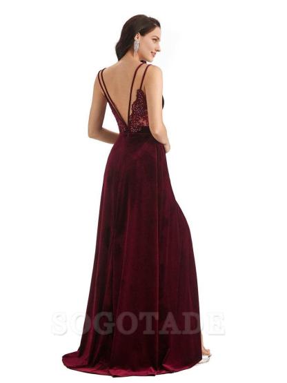Sexy Velvet Long Bridesmaid Dresses Spaghetti Straps Open Back with Side Slit