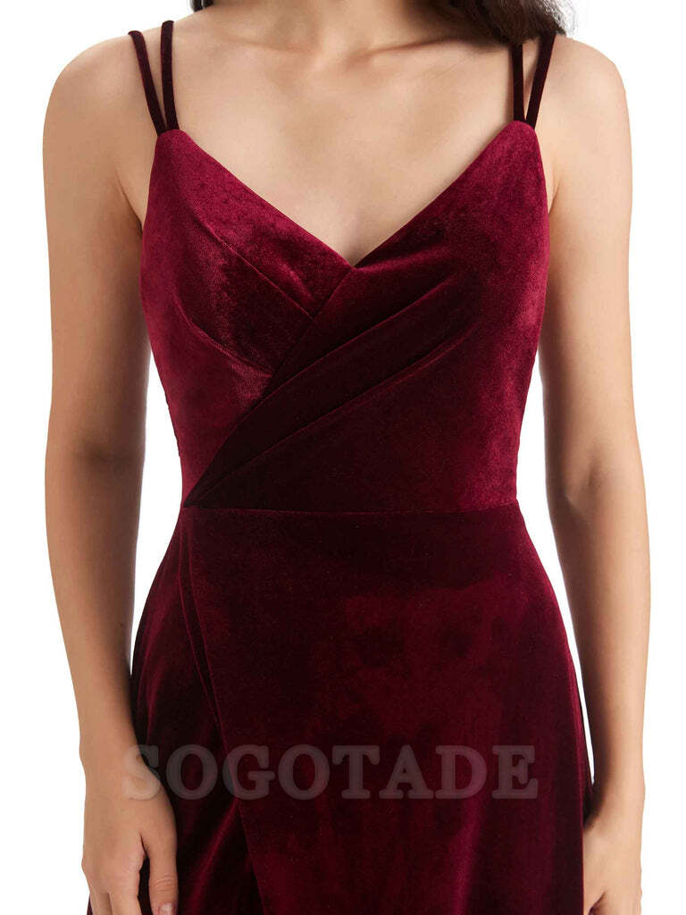 Sexy Velvet Long Bridesmaid Dresses Spaghetti Straps Open Back with Side Slit