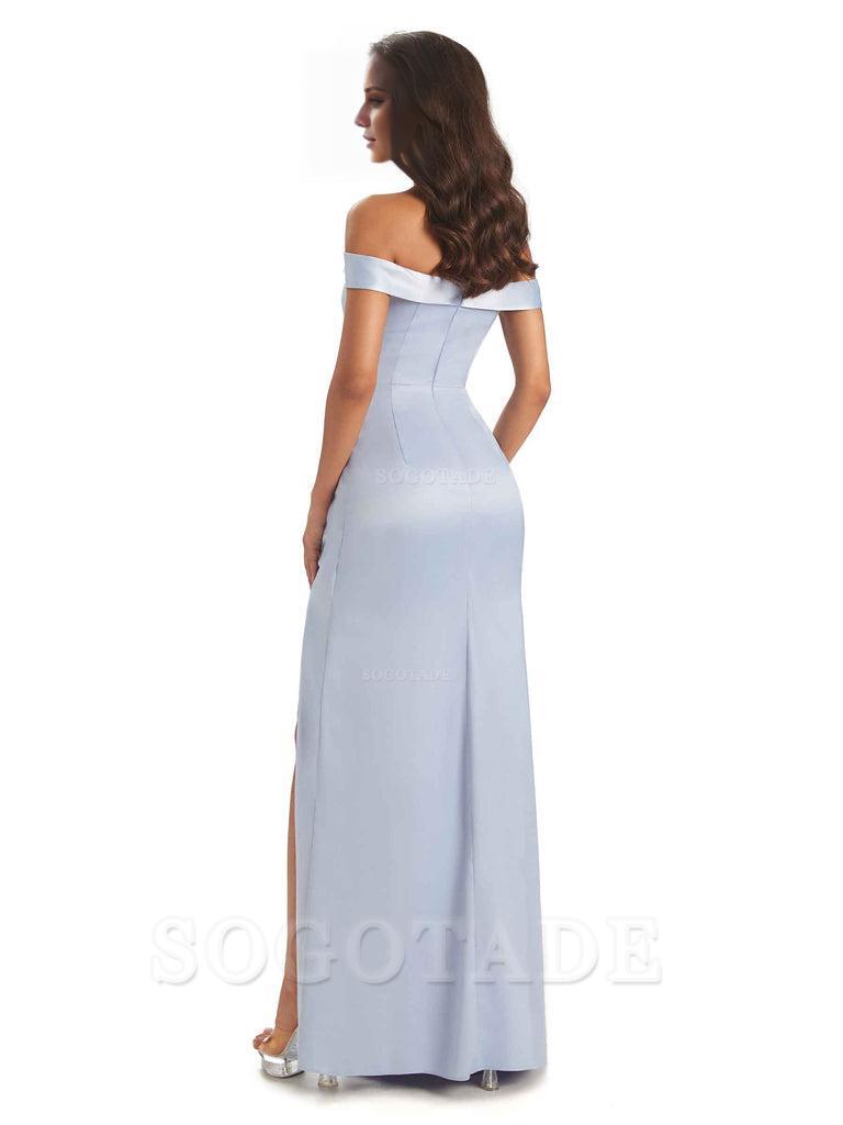 Sexy Soft Side Slit Off Shoulder V-Neck Long Satin Ladies Bridesmaid Dresses Elegant Evening Party Dress