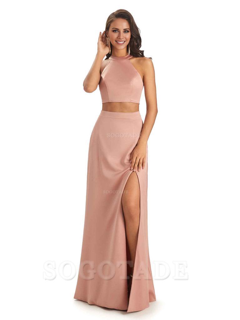 Soft Satin Two-Pieces Halter Side Slit Sexy Fashion Bridesmaid Dresses Charming Evening Party Dress