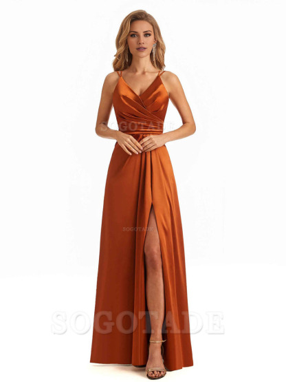 Soft Satin A-Line Spaghetti Straps V Neck Side Slit Maxi Long Bridesmaid Dresses