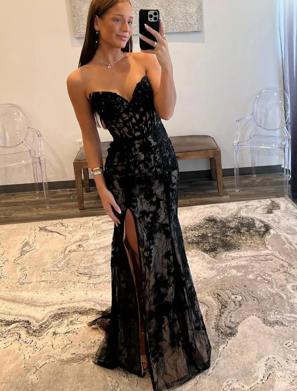 A-Line Mermaid Black Dress Plus Size Evening Gown Open Back Dress Graduation Prom Sweep / Brush Train Sleeveless Sweetheart Wednesday Addams Family Lace Backless with Glitter Slit Appliques 2024-SOGOTADE