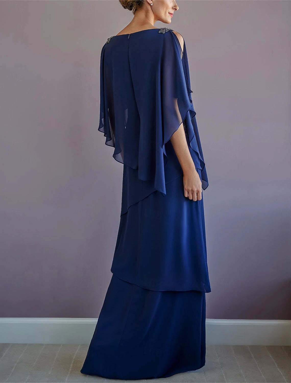 A-Line Mother of the Bride Dress Formal Wedding Guest Elegant Bateau Neck Floor Length Chiffon Half Sleeve with Ruffles Draping Tier-SOGOTADE