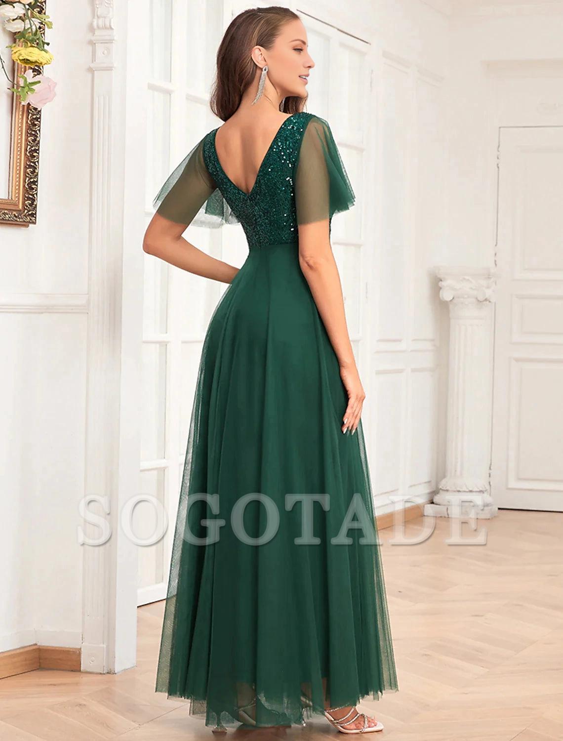 A-Line Party Dresses Empire Dress Evening Party Party Wear Floor Length Short Sleeve V Neck Chiffon V Back with Glitter Sequin
