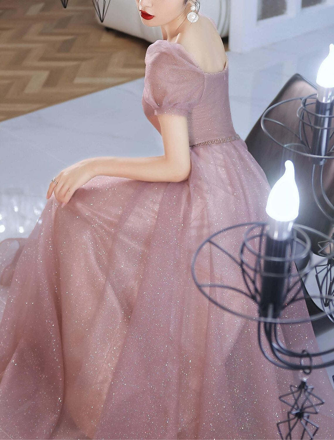 A-Line Beautiful Back Elegant Prom Formal Evening Birthday Dress Sweetheart Neckline Short Sleeve Floor Length Lace with Beading 2024 / Puff Balloon Sleeve-SOGOTADE