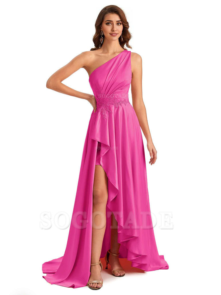 Sexy One Shoulder A-Line High Low Silky Satin Lace Long Formal Wedding Guest Dresses