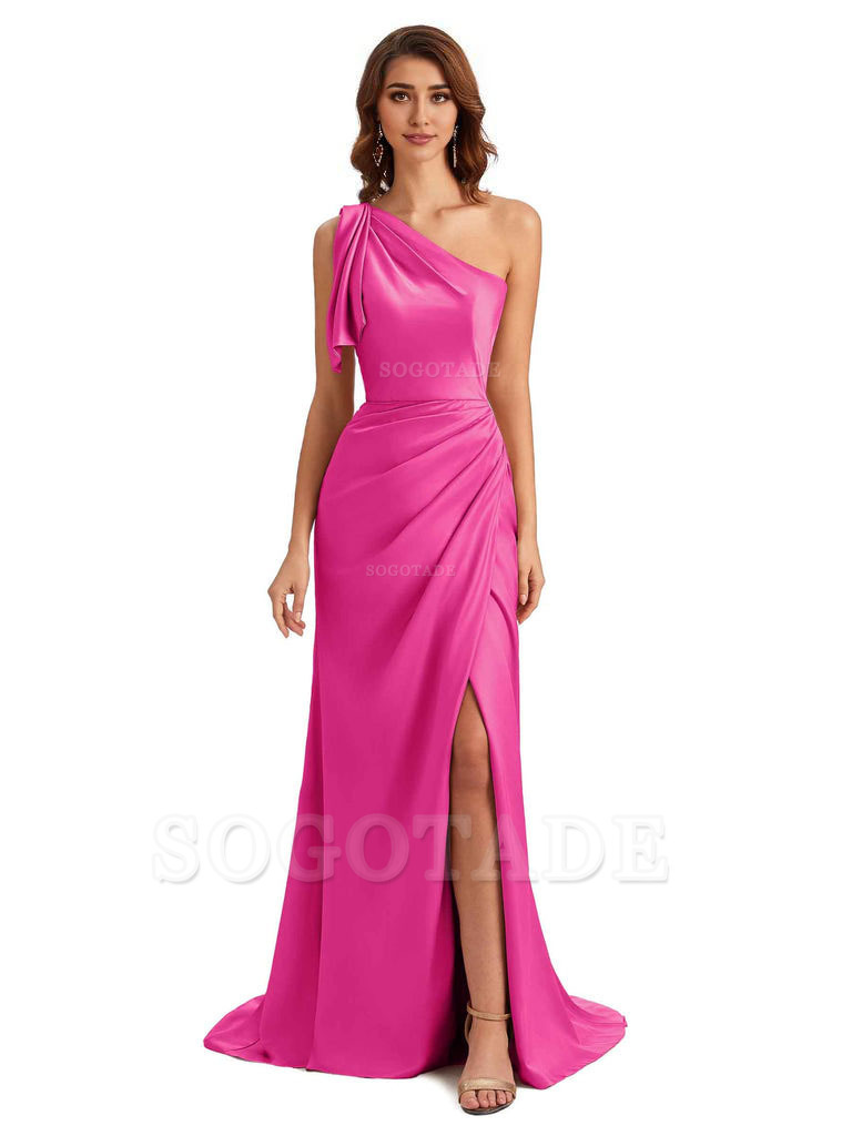 Sexy One Shoulder Mermaid Side Slit Unique Silky Satin Bridesmaid Dresses 