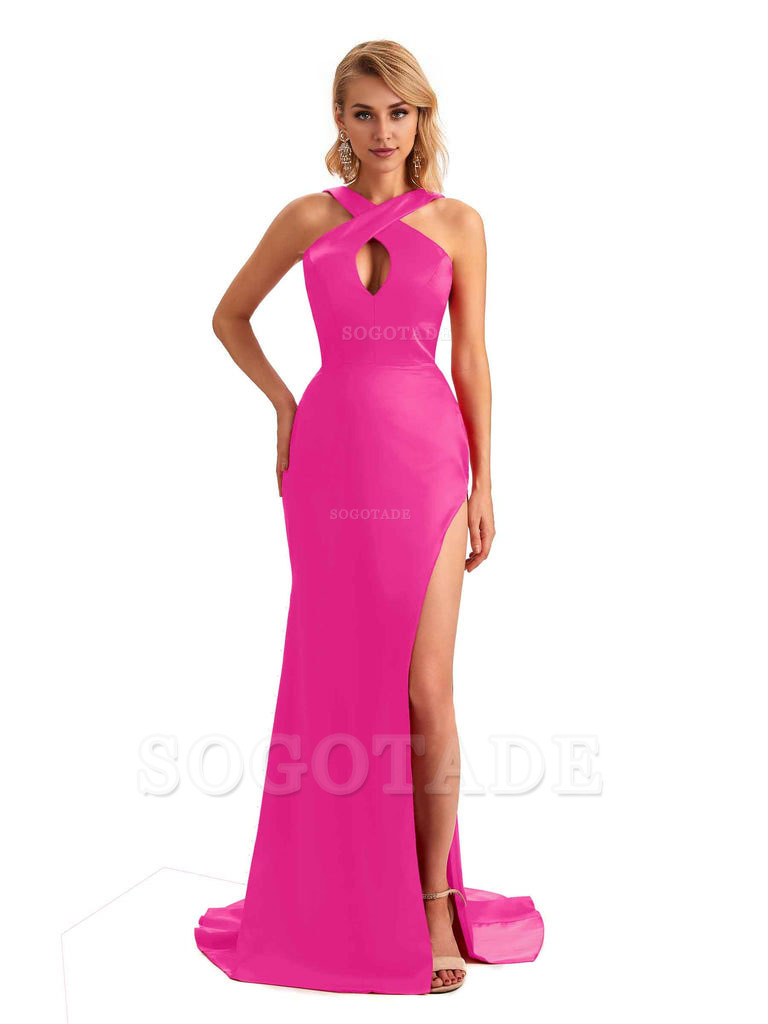Sexy Side Slit Halter Mermaid Silky Satin Unique Long Formal Wedding Bridesmaid Dresses