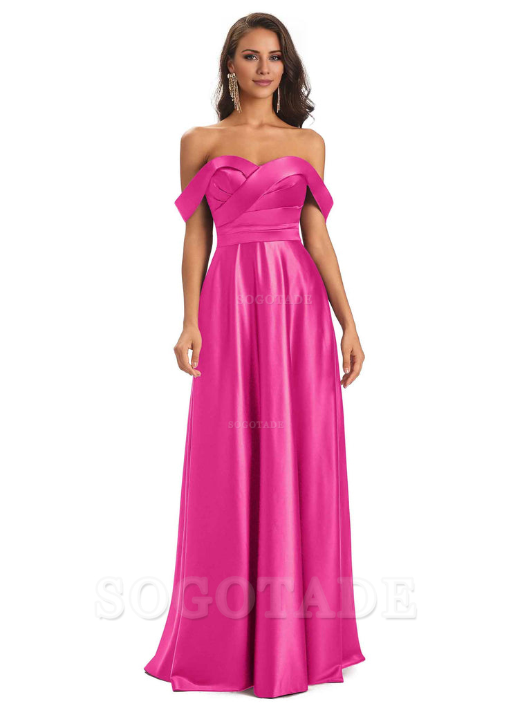 Sexy Soft Satin Off The Shoulder A-Line Long Bridesmaid Dresses Elegant Evening Party Dress