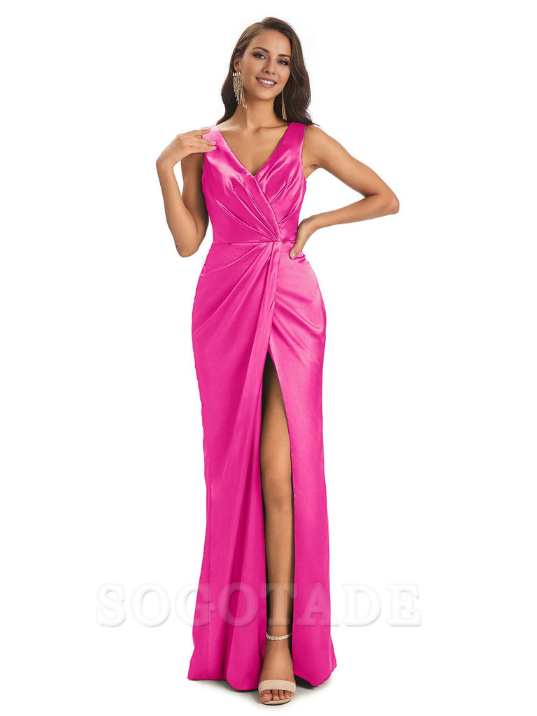 V-Neck Unique Long Satin Bridesmaid Dresses with Front Slit