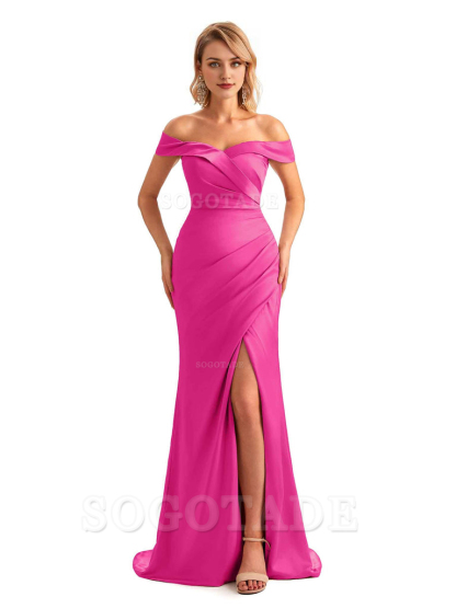 Off Shoulder Side Slit Mermaid Silky Satin Unique Long Formal Wedding Guest Dresses Online