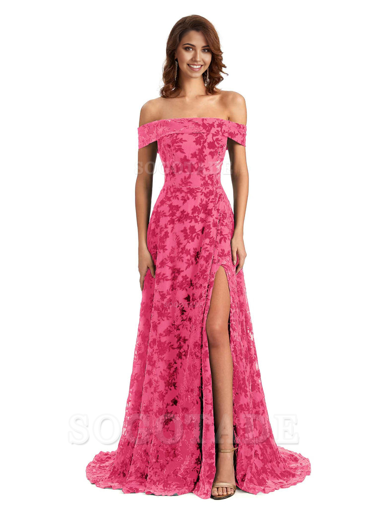 A-Line Off Shoulder Lace Velvet formal dresses evening gown Bridesmaid