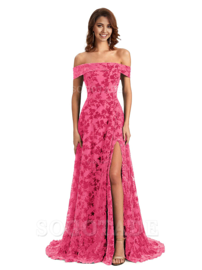 A-Line Off Shoulder Lace Velvet formal dresses evening gown Bridesmaid Dresses With Side Slit